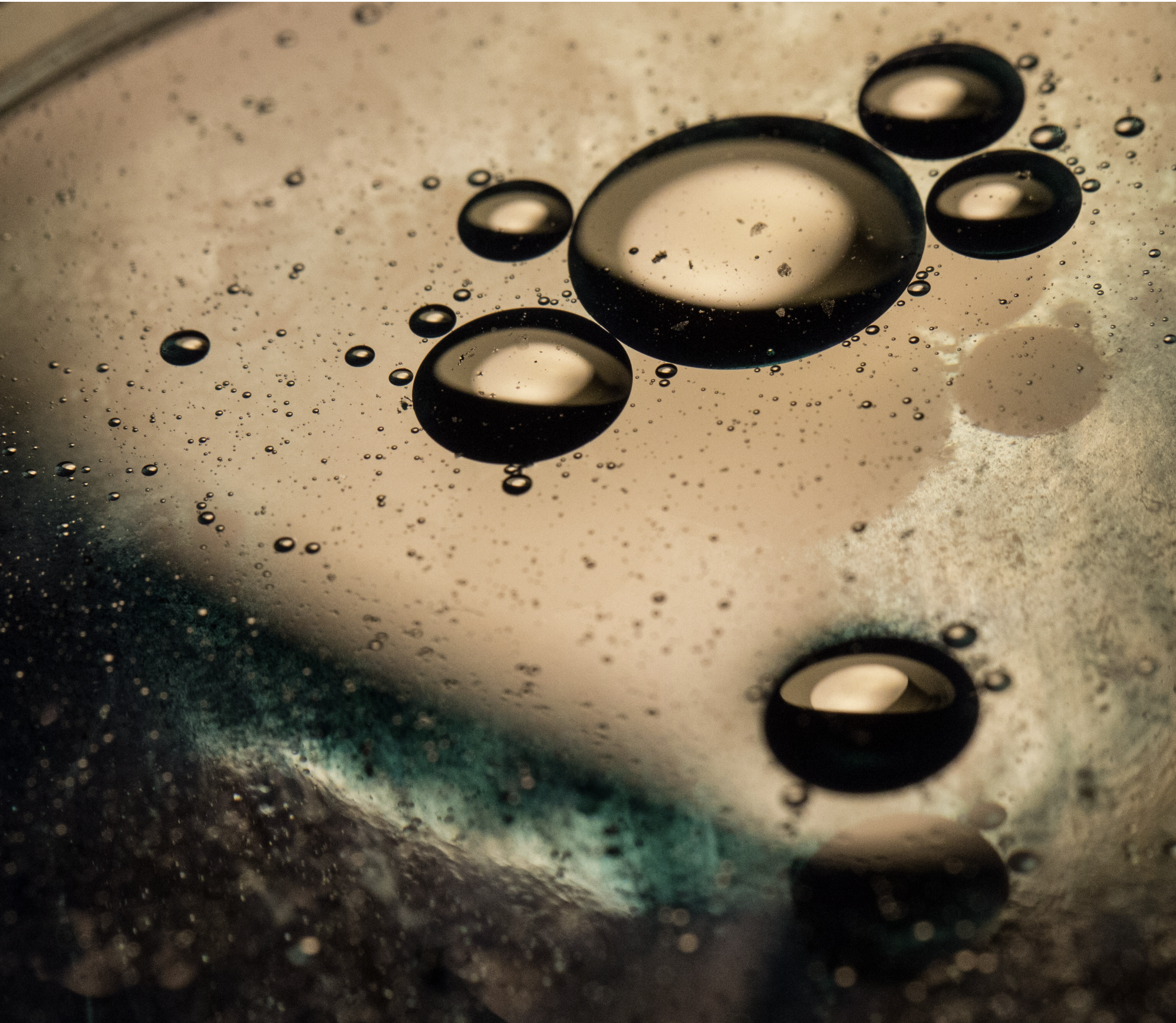 Cymatic-inspired abstract image of water, oil, and food coloring